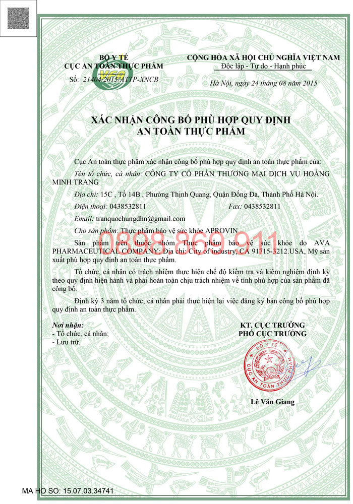 xác nhận công bố sản phẩm aprovin plus